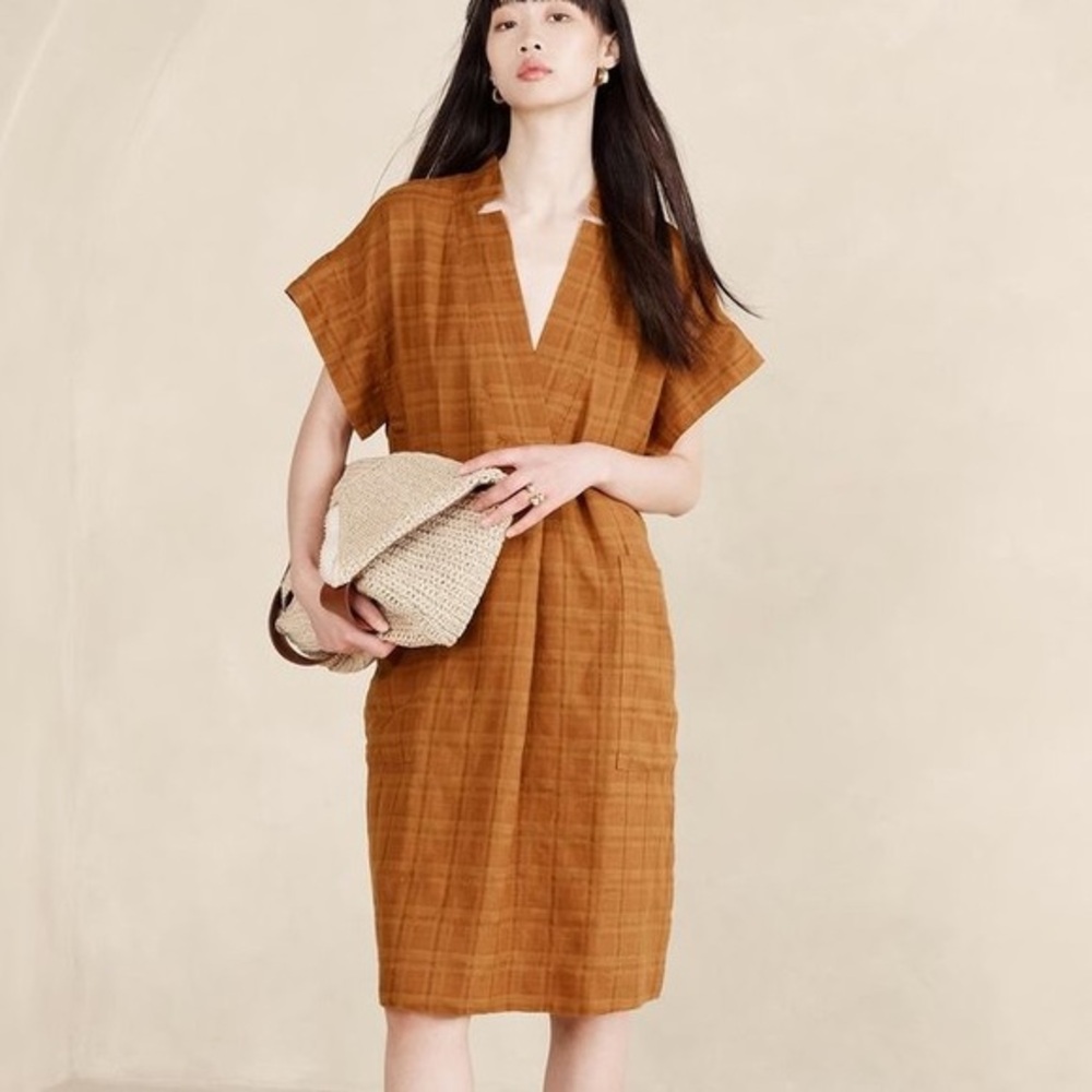Banana Republic laurel linen cotton V-Neck Boxy Shift utility Dress XS petite